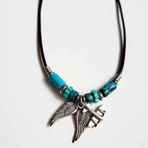 Leather Cord Necklace w/ Turquoise Beads & Airplane Wings Angel Wings Choker 18"